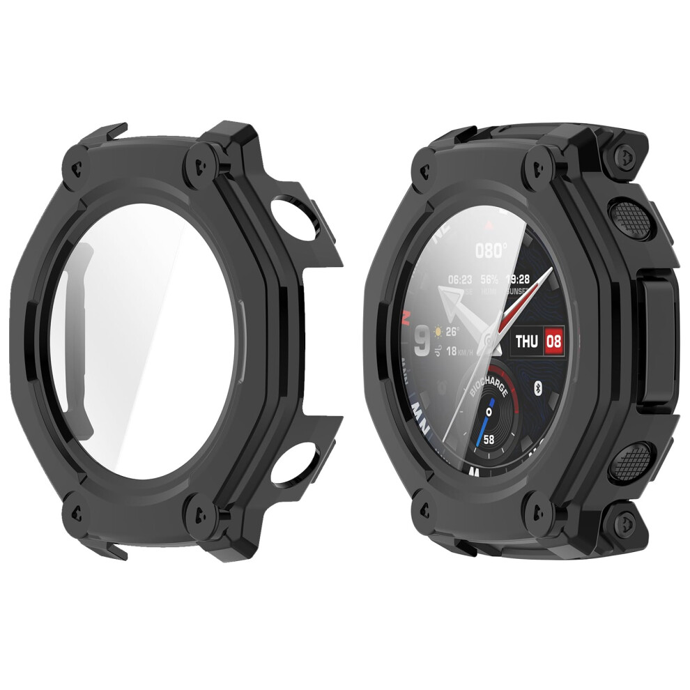 Shockproof Protective Case With Tempered Glass Screen Protector 2Pack For Amazfit Trex 3 Pro 48Mm Black 9169991096896