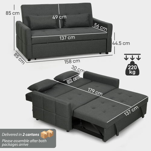 Homcom HOMCOM 2 Seater Sofa Bed, Convertible Pull Out Bed Settee, Charcoal Grey 2