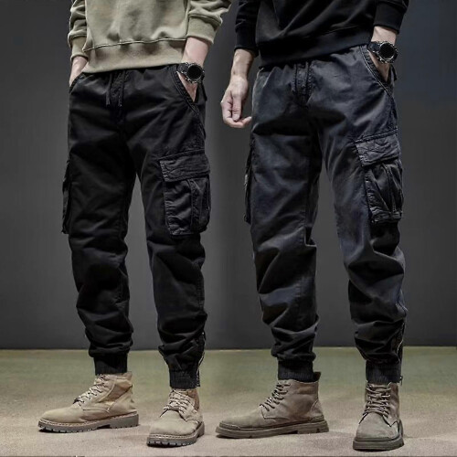 (M,Black)Men Pants Vintage Cargo Pants Trousers For Jogging 1