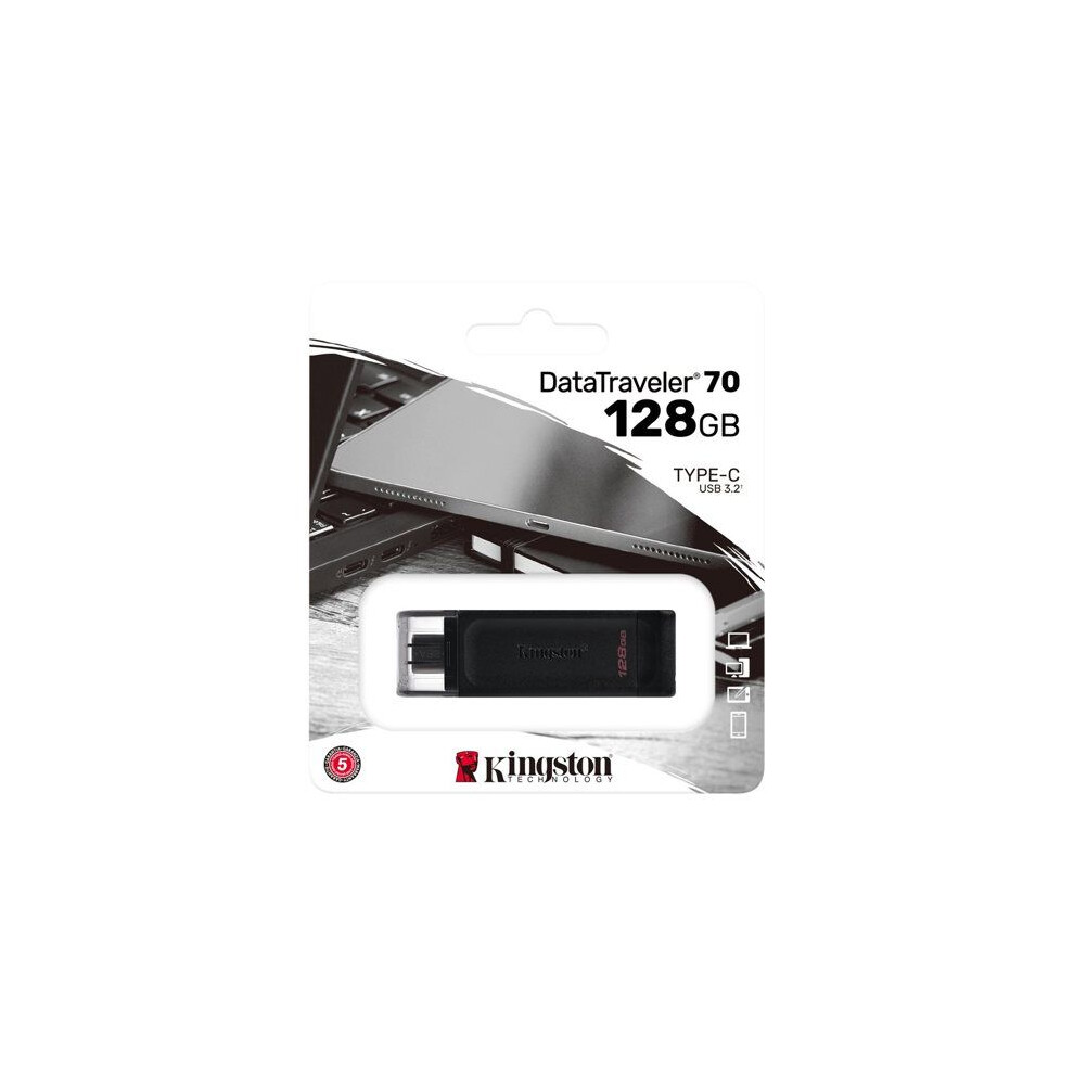 Kingston Datatraveler 70 128Gb Portable And Lightweight Usb-C Flashdrive With Usb 3.2 Gen 1 Speeds Dt70/128Gb, Black