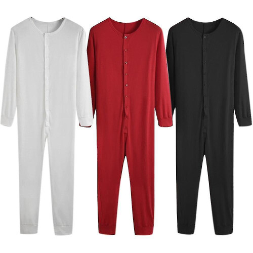 (M,Black)Men's One Piece Long Johns Night Pajama -y
