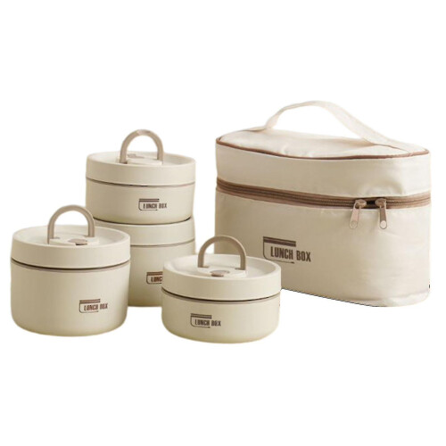 (2 Layer, Beige) Portable Insulated Lunch Container Set Multi-layer Combination Picnic Lunch Box-e