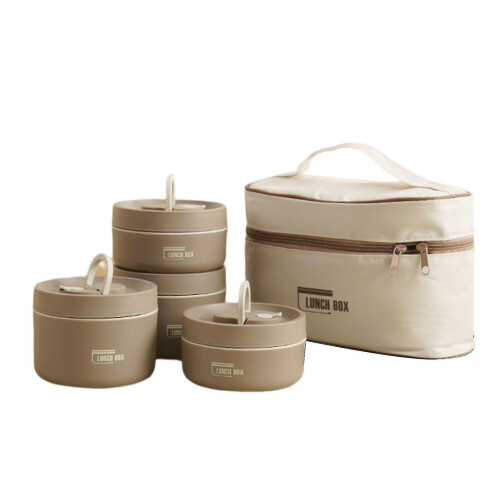 (2 Layer, Brown) Portable Insulated Lunch Container Set Multi-layer Combination Picnic Lunch Box-e
