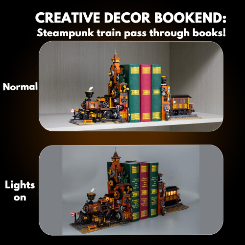 Steampunk Train Bookend Building Block Set with Light, 2 in 1 Mechanical Display, 1252pcs 2