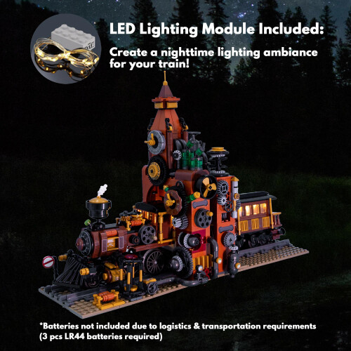 Steampunk Train Bookend Building Block Set with Light, 2 in 1 Mechanical Display, 1252pcs 1