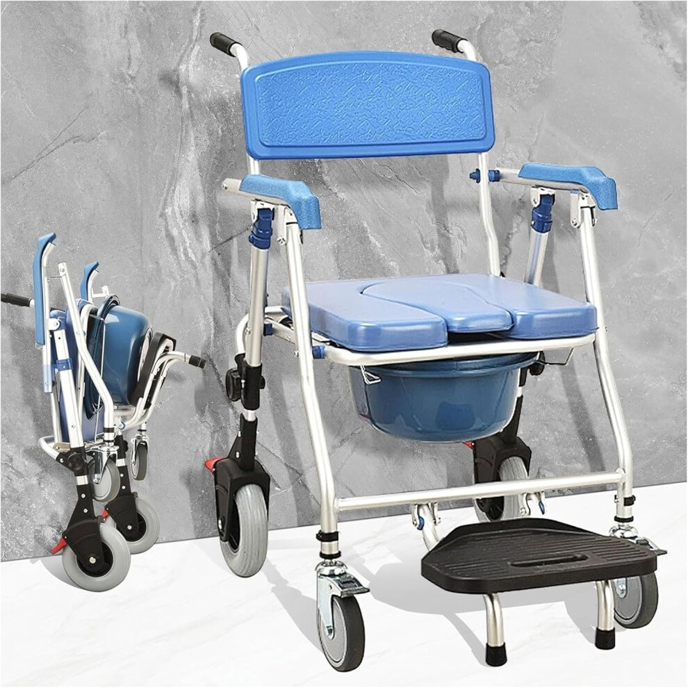 Foldable Wheeled Commode Chair with Cushioned Seat and Detachable Bucket for Elderly and Disabled
