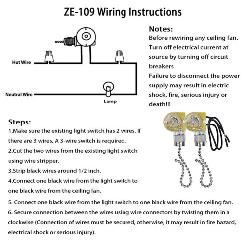 Ceiling Fan Light  Zing Ear ZE-109 Two-Wire Light  with Pull Cords for Ceiling Light Fans Lamps 6Pcs Silver 2
