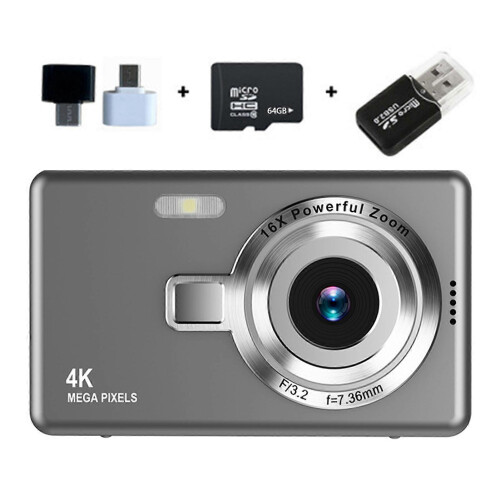 (64G Memory,Grey)Beginner Friendly 4k Digital Camera 16X Zoom Small Photography Camera Birthday Present