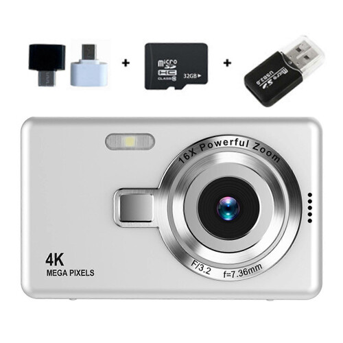 (32G Memory,Silver)Beginner Friendly 4k Digital Camera 16X Zoom Small Photography Camera Birthday Present