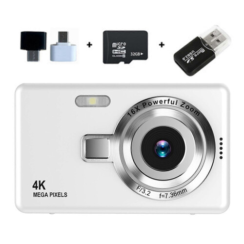 (32G Memory,White)Beginner Friendly 4k Digital Camera 16X Zoom Small Photography Camera Birthday Present
