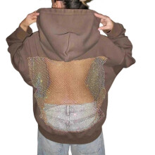 (L,Dark Brown)Womens See-Through Mesh Back Hoodie Oversized Sweatshirts Casual Long Sleeve Pullover Sweater Winter Fall Outfits Gift