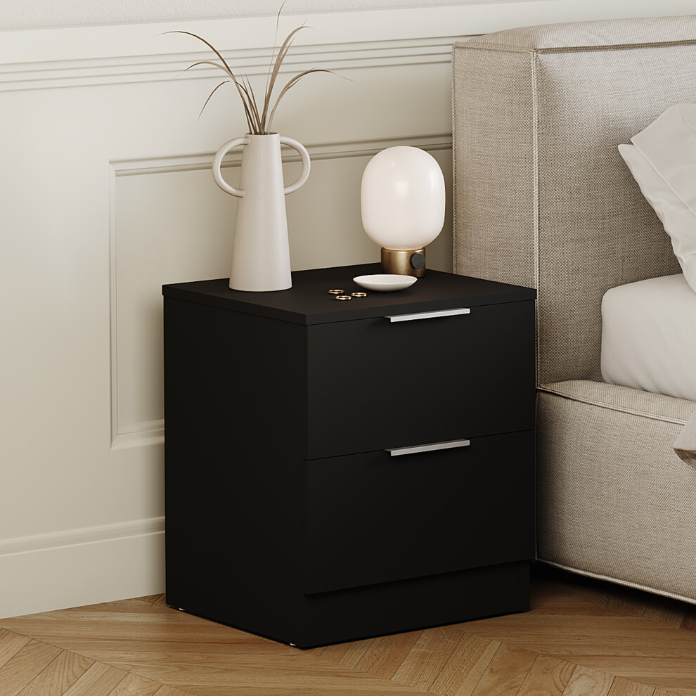 Vida Designs (Black) Trega 2 Drawer Bedside Cabinet Wooden Nightstand Black