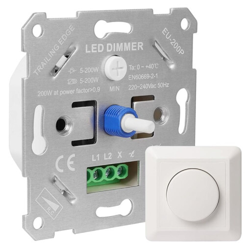 LED Dimmer  230V for Dimmable LEDs/Halogen 5-200W with White Cover Plate