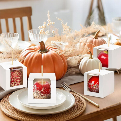 30 Pack Candy  Boxes with Sticks, 4x4x4Inch  Caramel  Gift Box with Clear Window for Christmas 2