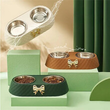 1PC Dog and Cat Food Bowls Bowtie Dog Food Drinking Double Bowl Pet Supplies Brown
