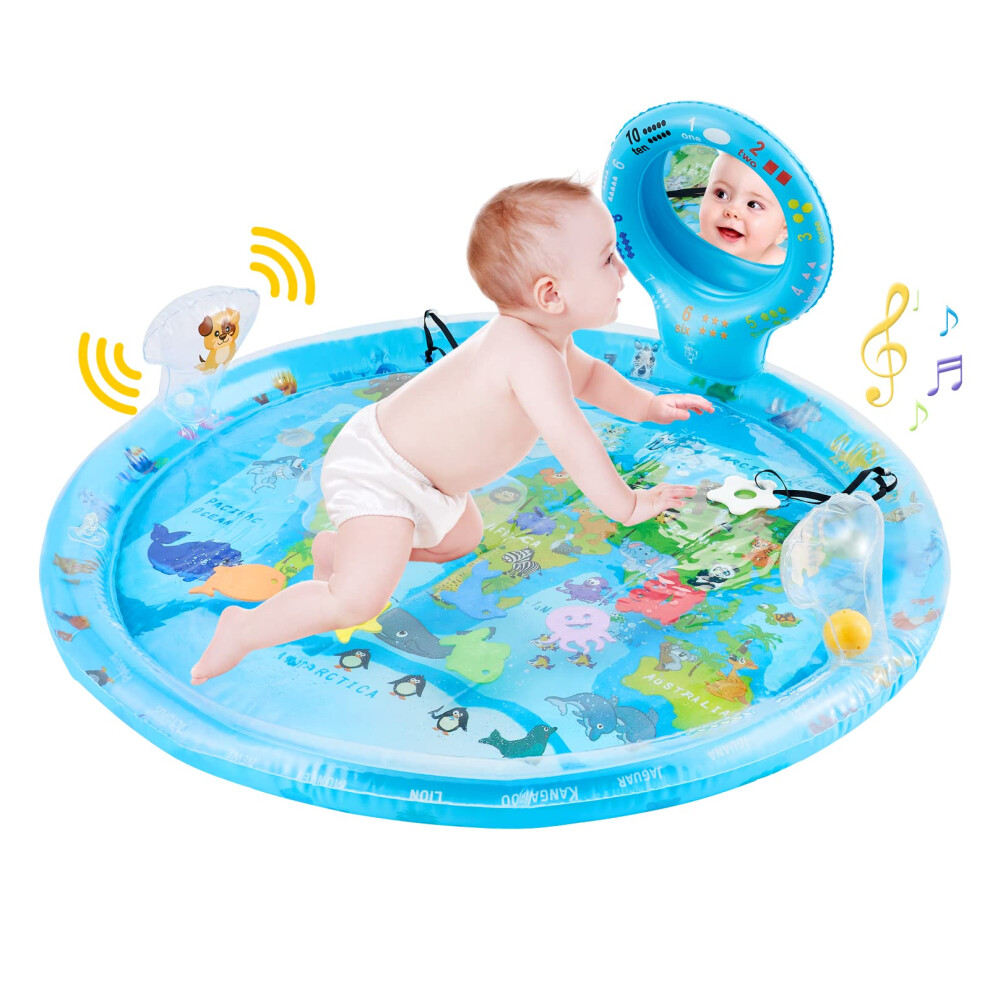 Extra Large Tummy Time Water Mat 80x80cm with Mirror Teethers Sea Animal Toys for Baby Sensory Play