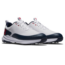 (UK 8.5, White/Navy/Red) Footjoy Mens Tour Rival Synthetic Leather Cushioned Waterproof Golf Shoes
