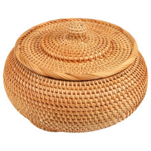 Storage Basket Hand-Woven Rattan Woven with Cover Round Primary Color Chinese Jewelry Snacks Tea Set Storage Box