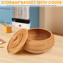Storage Basket Hand-Woven Rattan Woven with Cover Round Primary Color Chinese Jewelry Snacks Tea Set Storage Box