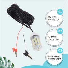 12V 15W Fishing Light 108Pcs 2835 Led Underwater Fishing Light Lures Fish Finder Lamp Attracts Prawns Squid Krill (White+white light)