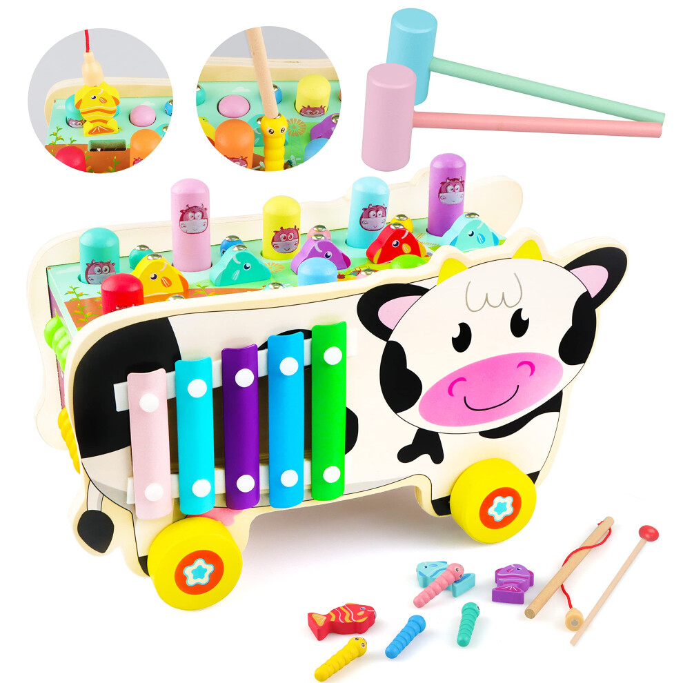 Montessori Wooden Toys 8in1 Activity Cube for Toddlers Ages 13 with Xylophone and Fishing Game
