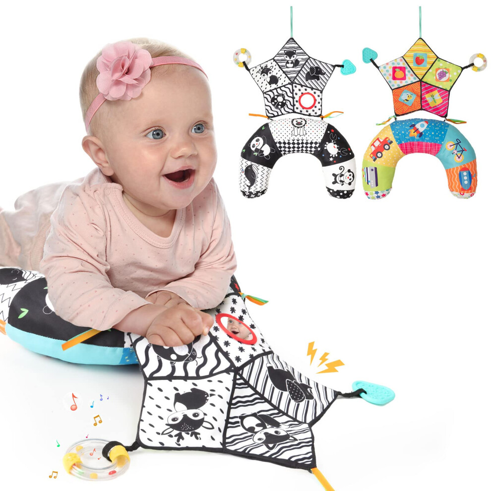 Tummy Time Pillow with Crinkle Mat and Mirror,  Contrast Baby Sensory Toy with Teether for 06 Months
