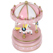 5Pcs Pink Wooden Carousel Music Box Rotating Mechanical Musical Decor