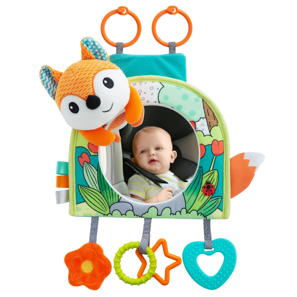 Baby Car Mirror with Hanging Fox Toys, Rear Facing Car Seat Toy and Travel Activity Center for Infants