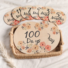 Wooden Baby Teether and Monthly Milestone Cards Set with Flower Design Photo Props