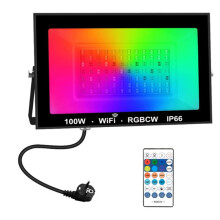 Foco LED RGBCW de 100 W con Control Remoto por Aplicación, Lámpara de Jardín Exterior, Foco Decorativo de Pared con Enchufe Europeo.