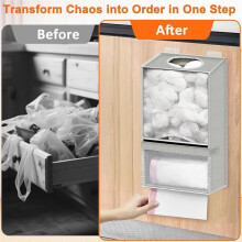 Wall Mount Plastic Bag Holder -Grocery Bag Holder for Shopping Bags, Bag Organizer with Trash Roll Dispenser Grey