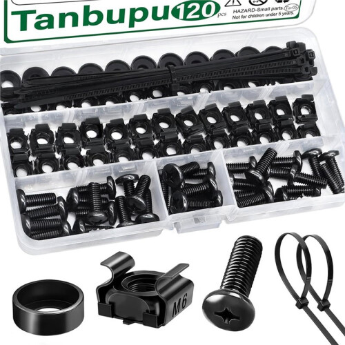 120pcs M6 Cage Screw Nut Washer Set Self-Locking Cable Ties Assortment Kit for Server Shelf Cabinets & Rack Mount Thread