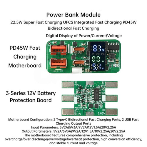 PD45W 3S Bidirectional Fast Charging Power Bank Mainboard with Battery Protection LED Display DIY Charging Module 1