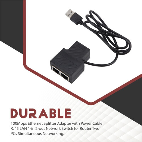 100Mbps Ethernet Splitter Adapter with Power Cable RJ45 LAN 1-in 2-Out Network  for Router PCs Networking 1