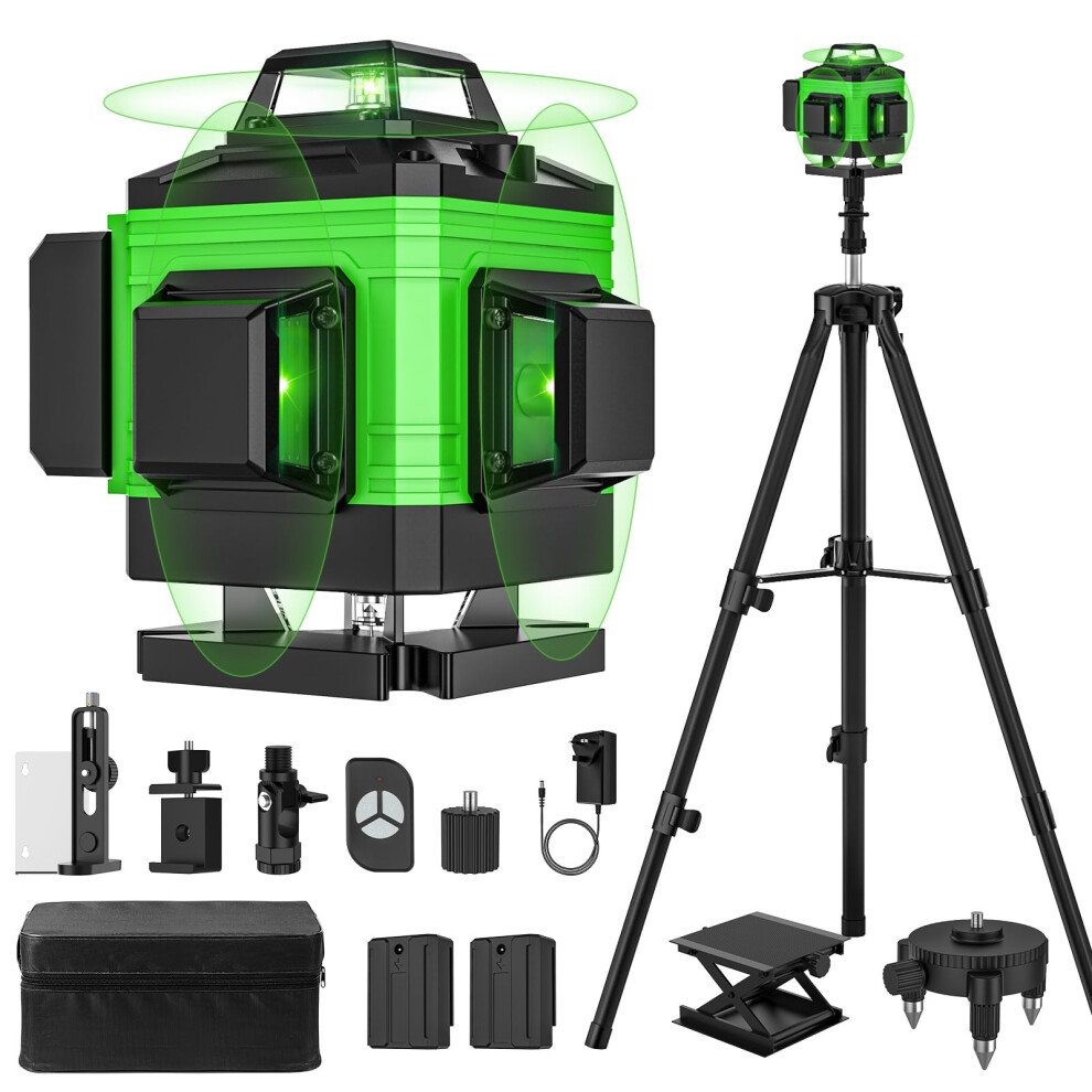 Laser Level Self Leveling 4 X 360, 4D 16 Lines Green Professional Laser Level With 2 X 2400Mah Batteries, Adjustable Brightness Pulse Mode, Swivel Ba 3387183248168