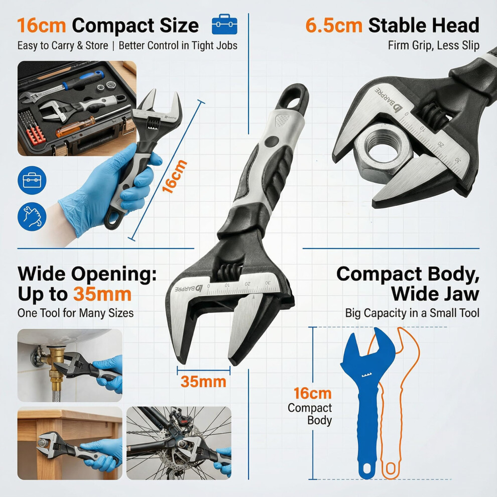 Barpre Adjustable Spanner Wide Jaw 6 Inch 160Mm Short Handle Plumbing 5005613938684