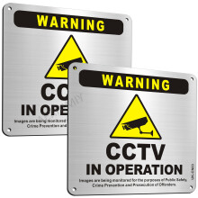 2 Pack CCTV in Operation Sign Metal with Self Adhesive, 5.9x5.9 Inches CCTV Warning Signs Brushed Aluminum
