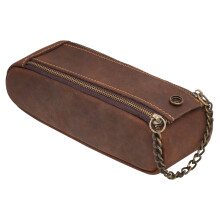 Leather Pencil Case Full Grain Leather Double Zipper Brown Pen Holder for Office and Travel