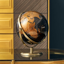 Large Black and Gold World Globe with Clear Text Mapping, 360 Rotation, Metal Stand