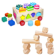 Montessori Toys Set of 2 – Wooden Shape Sorting Car and Balancing Stones for Toddler Learning