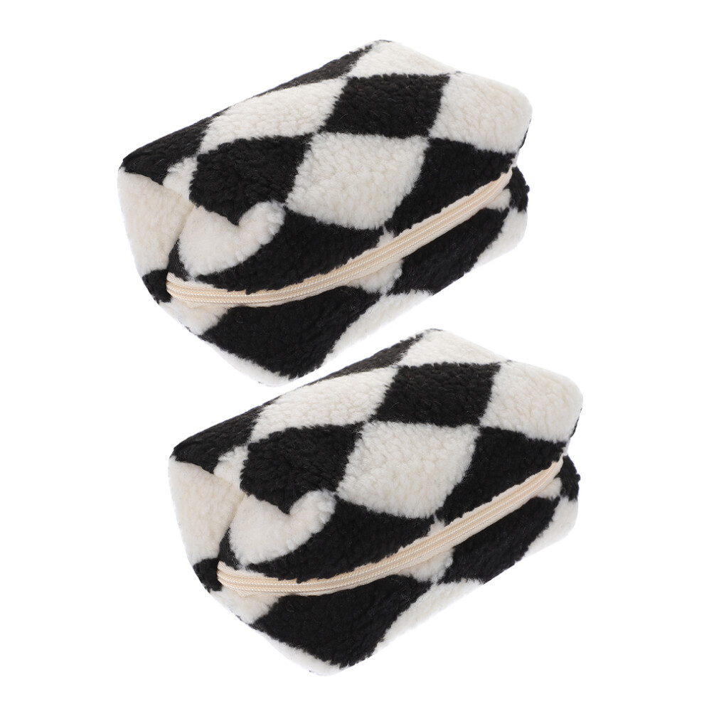 Inoomp 2Pcs Soft Plush Checkered Makeup Bags Small Travel Toiletry Pouches