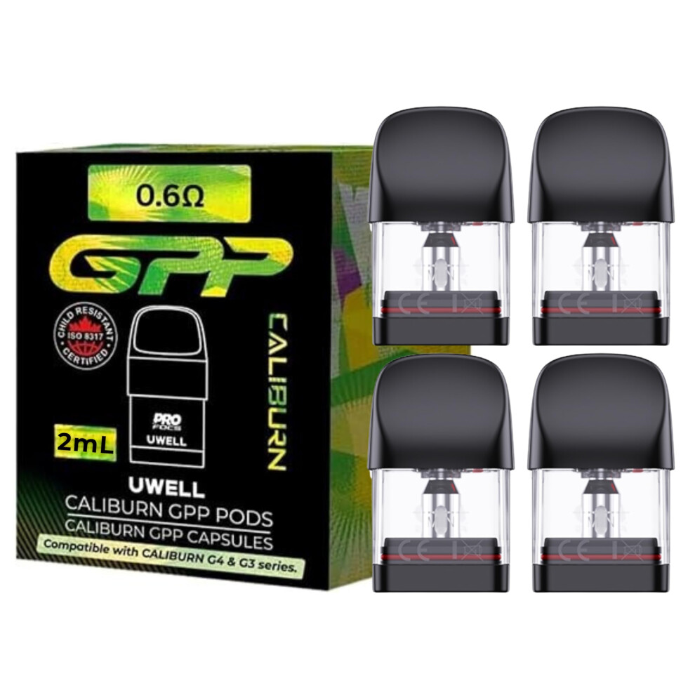 Vow Vapers Uwell Caliburn Gpp Replacement Pod Cartridge (0.6 Ohm) - 4 Pack For Uwell Caliburn G3 & G4 Pod Kit - Top Fill - 2Ml Capacity - No Nicotine/Eliquid
