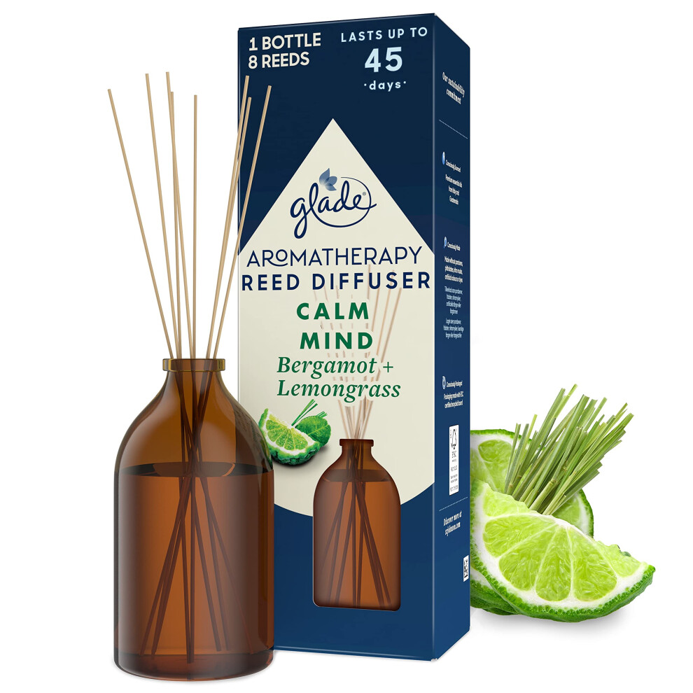 Glade Aromatherapy Reed Diffuser, Home Decor Essential Oils Diffuser Soothing Fragrance, Calm Mind With Italian Bergamot & Guatemalan Lemongrass, 80