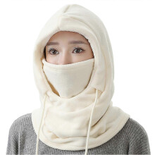 (Beige)Women Winter Hat with Integrated Scarf Thick Warm Drawstring Windproof High Elasticity Full Protection Outdoor Travel Cold Weather Cap