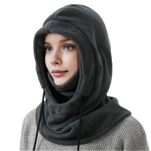 (Grey)Women Winter Hat with Integrated Scarf Thick Warm Drawstring Windproof High Elasticity Full Protection Outdoor Travel Cold Weather Cap