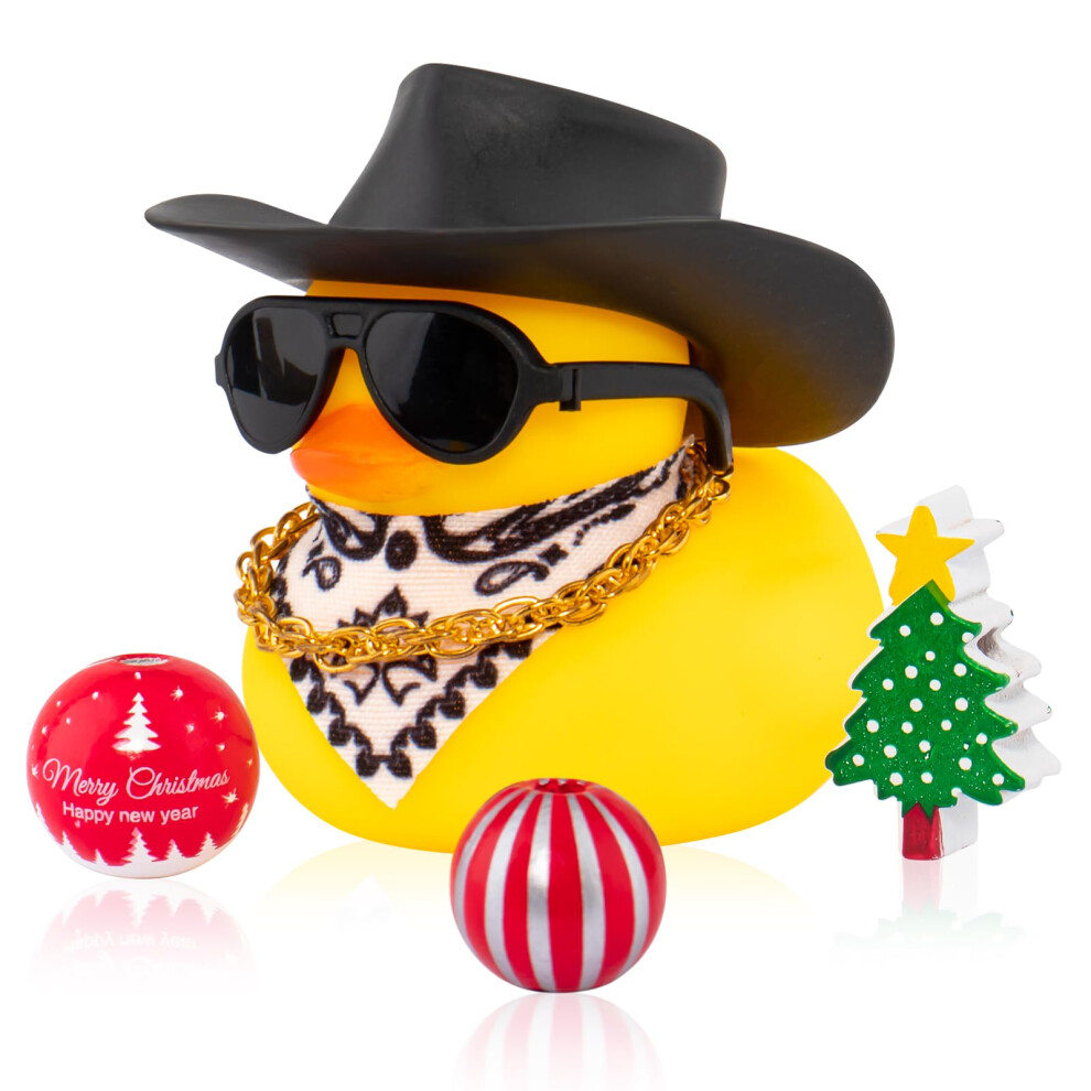 Car Dashboard Ornament Christmas Rubber Duck With Cowboy Hat Glasses Necklace Black 9169991117430