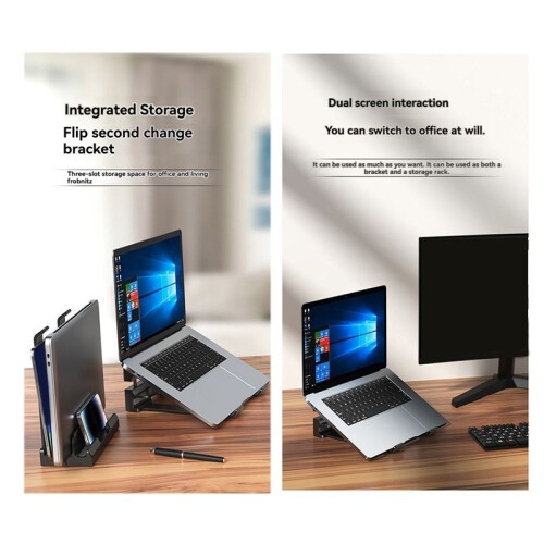 Adjustable Vertical Laptop Stand, 3-Slot Padded Stand for 16 Inch Laptops, Rectangular Base, Enhanced Stability Black 2