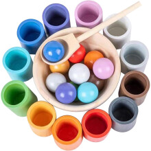 Montessori Color Sorting Toy with Wooden Rainbow Balls and Tray for Toddlers Ages 3+