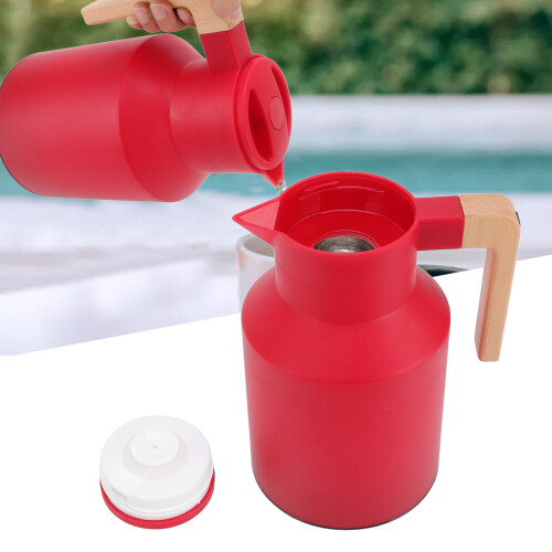 Large 1L Thermal Coffee Carafe with Beech Wood Handle, Red