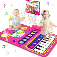 Baby Piano Mat and Toddler Musical Toys, 2 in 1 Piano Drum, Interactive Music Play Mat with Drumsticks